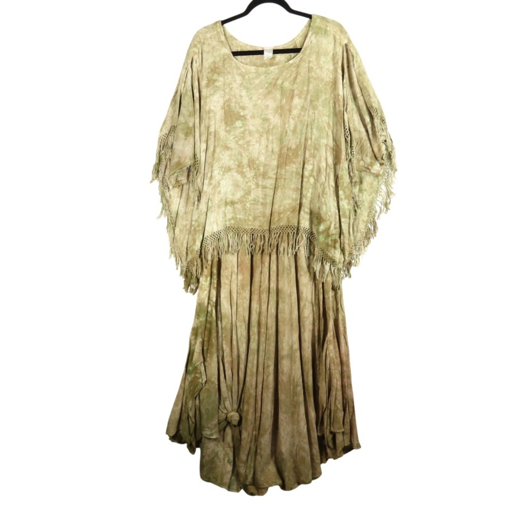 TIE DYE KAFTAN MUUMUU DRESS Poncho Overlay w/Fringe MAXI BOHO ETHNIC Beige 1X - Picture 3 of 11